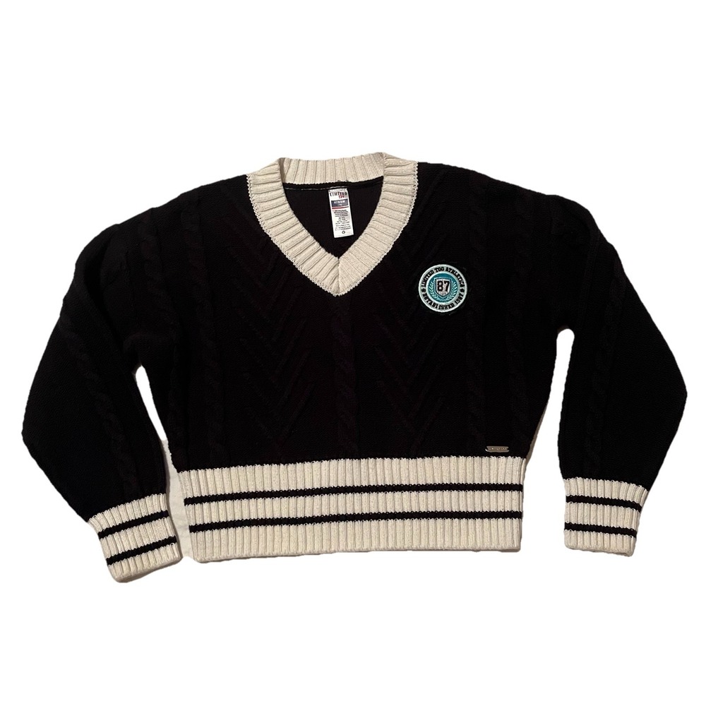 Black Cable Knit Sweater Girls M (10) Varsity V-Neck 90s Y2K Style Tennis Prep